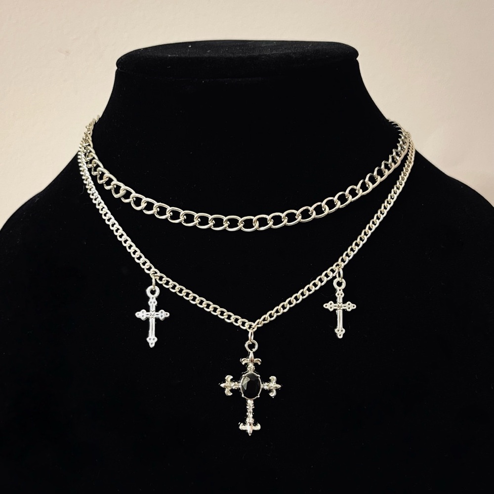 Hand Crafted Silver Cross Pendant Layered Necklace